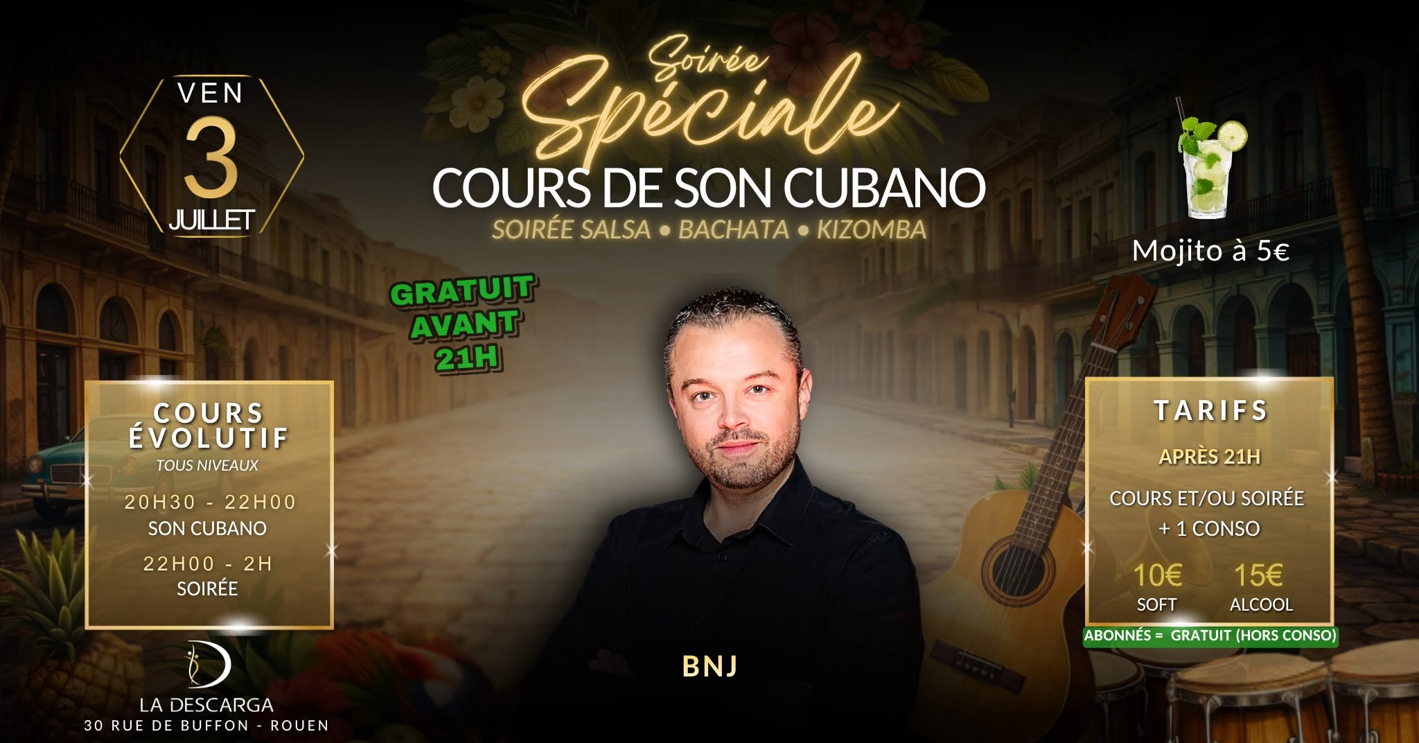 Affiche de Soirée Spéciale cours de Son Cubano à La Descarga - Soirée SBK (Salsa, Bachata, Kizomba)