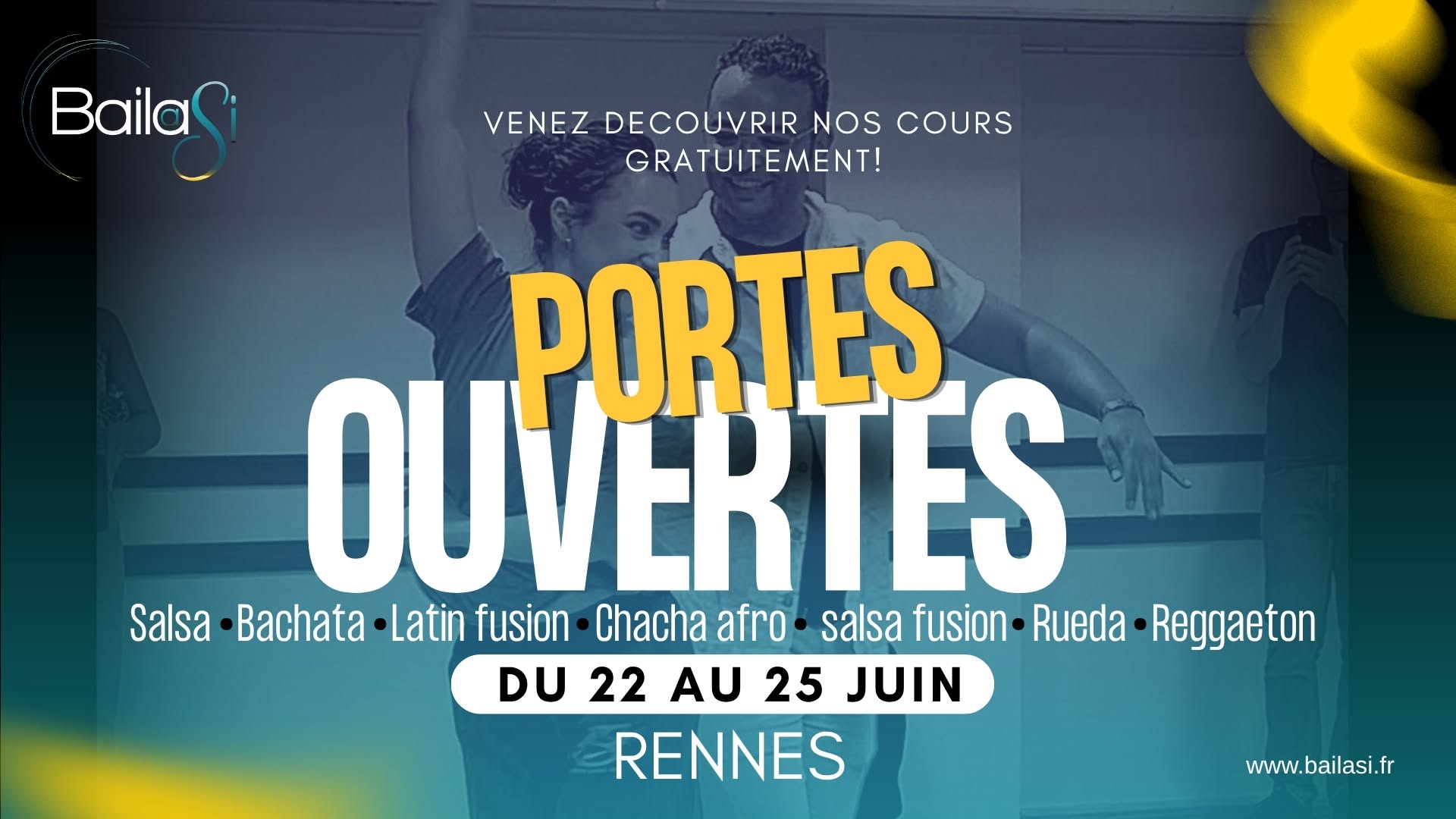Affiche de Portes Ouvertes Danse Salsa & Bachata | Rennes & Chantepie | 22-25 juin