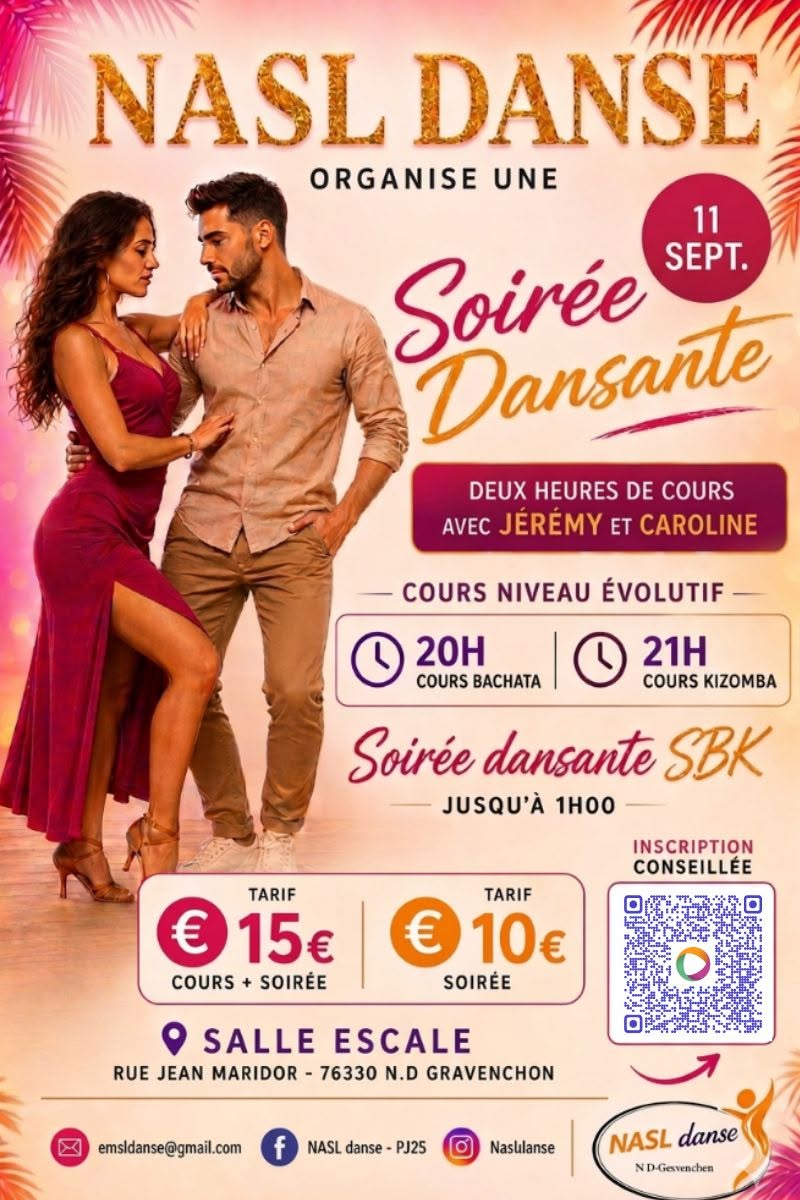 Affiche de Cours Bachata / Kizomba - soirée Sbk