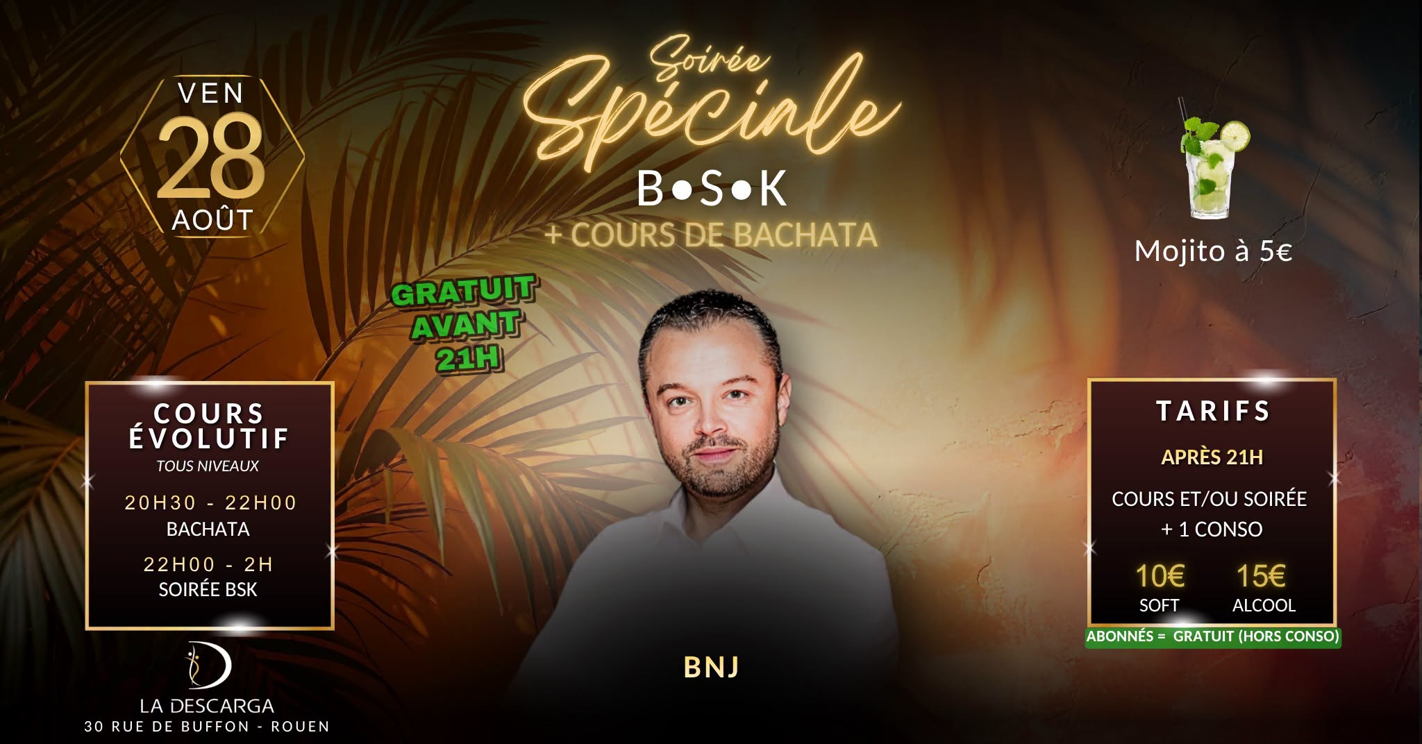 Affiche de Soirée spéciale BSK + cours de bachata (Bachata - Salsa - Kizomba) à La Descarga