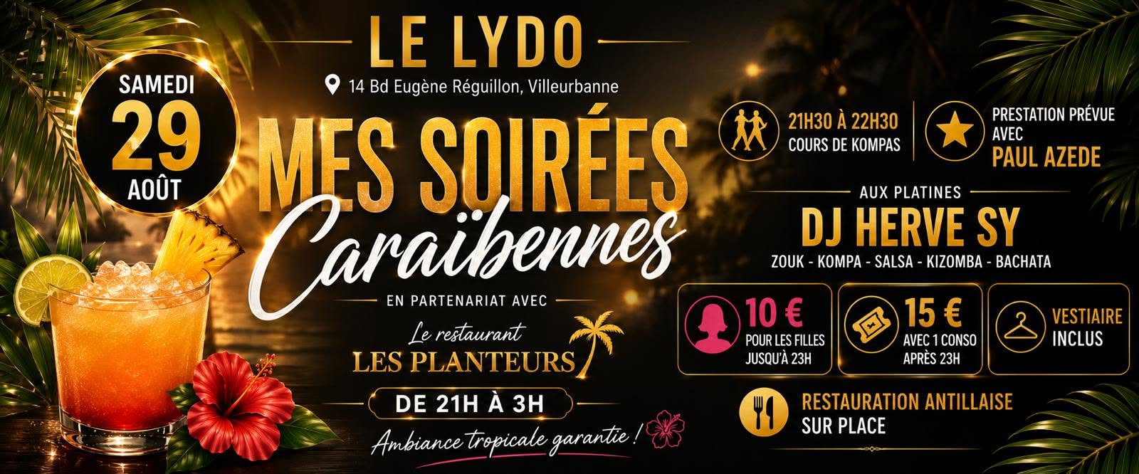 Affiche de Soirée Antillaise au Lydo - Samedi 29 aout