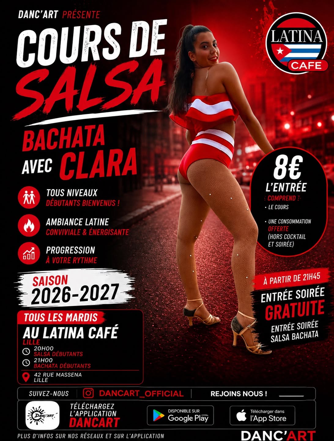 Affiche de Cours & Soirée Salsa Bachata à Lille | Latina Café • DANC’ART