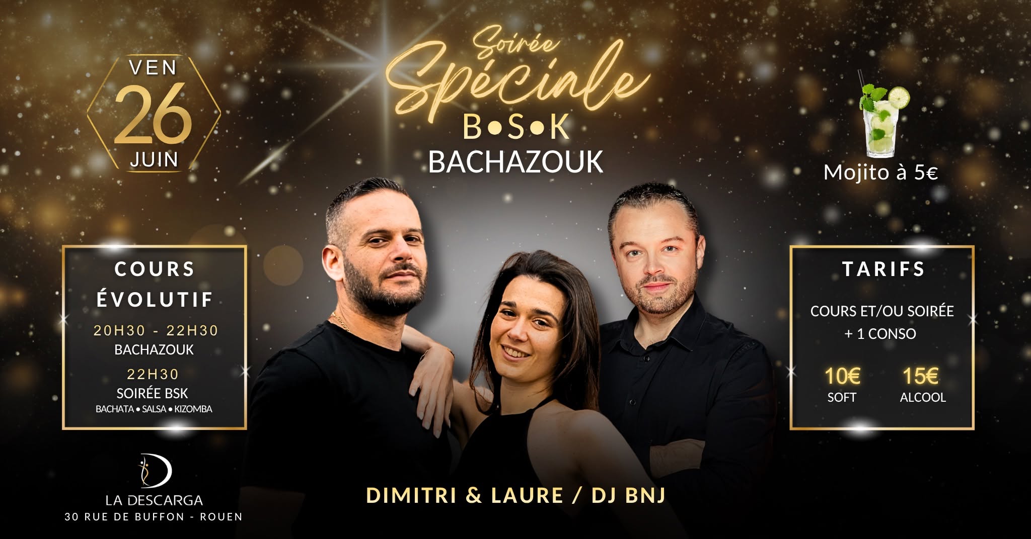Affiche de La soirée BSK - BachaZouk à La Descarga (soirée bachata, salsa & kizomba)