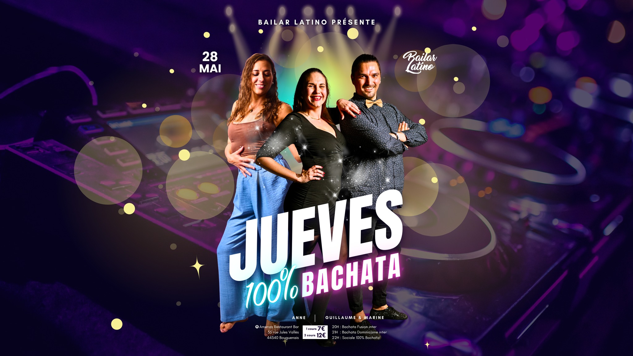 Affiche de 💜 JUEVES 100% BACHATA 💜 #15 by Bailar Latino & Amenza