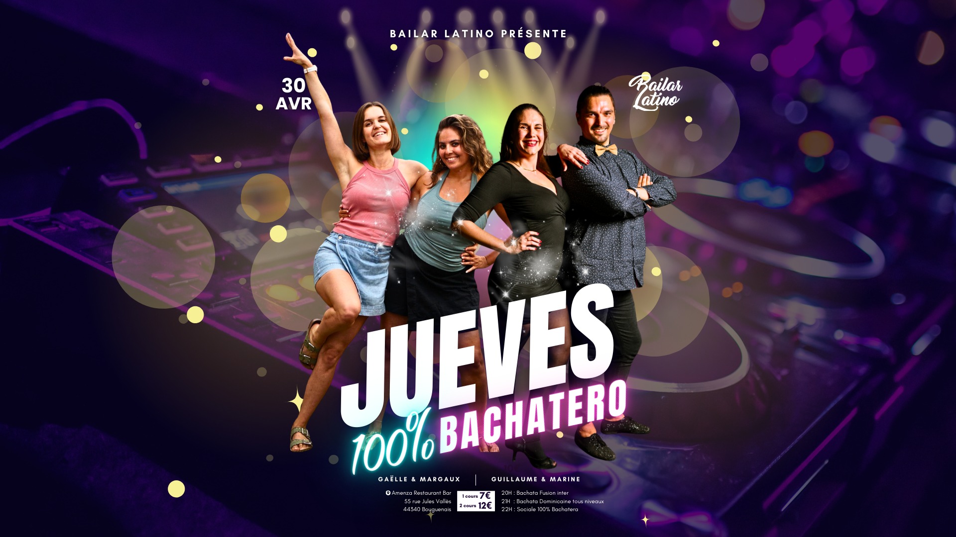 Affiche de 💜 JUEVES 100% BACHATA 💜 #11 by Bailar Latino & Amenza