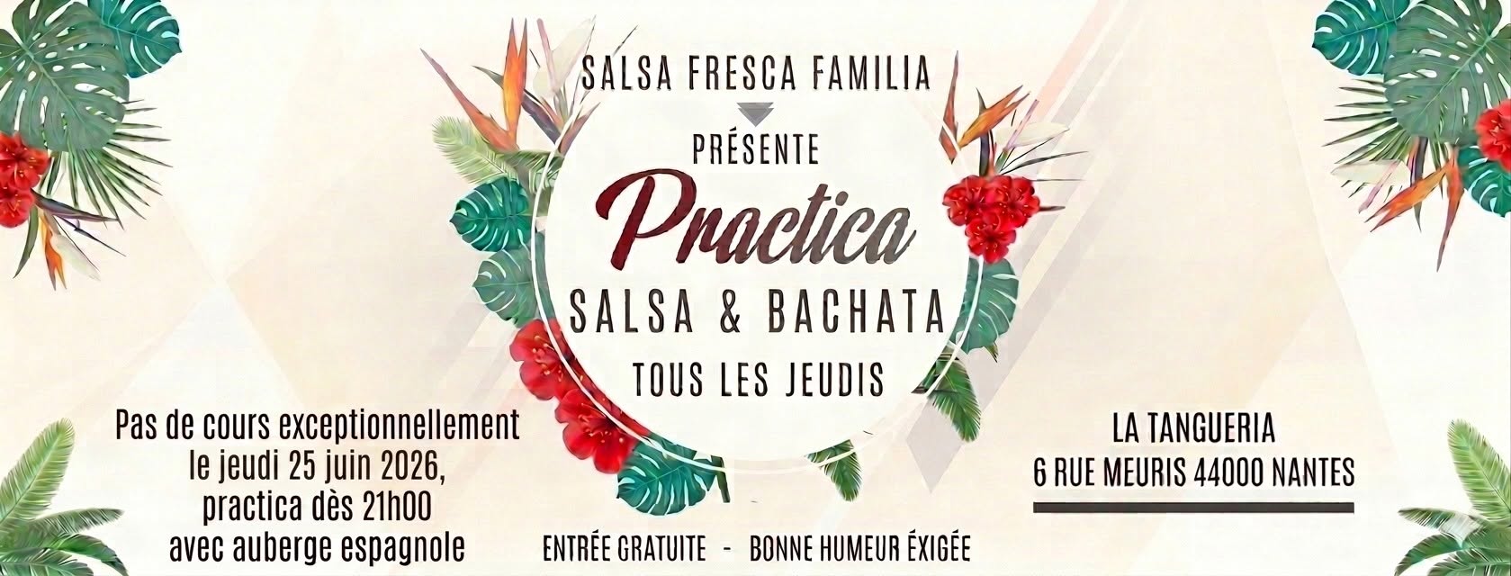 Affiche de Practica salsa et bachata avec Hicham - Jeudi 25 juin 21h à 1h -Apéro (dernière soirée de la saison)