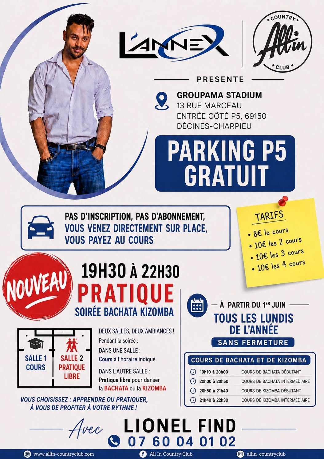 Affiche de 🔷TOUS LES LUNDIS🔷ALL IN COUNTRY CLUB🔷COURS BACHATA ET KIZOMBA avec LIONEL FIND❤️